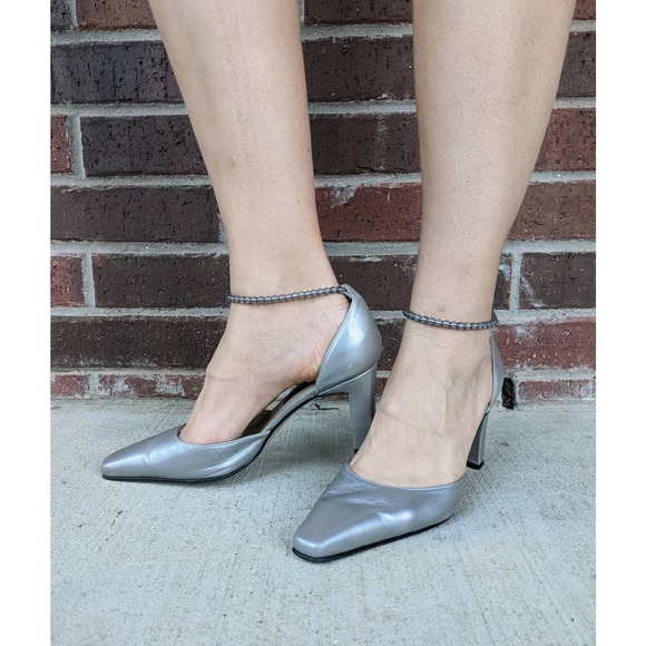 size 8.5 vintage y2k SILVER Beaded Ankle Strap FUTURISTIC HEELS square toe - Picture 2 of 10